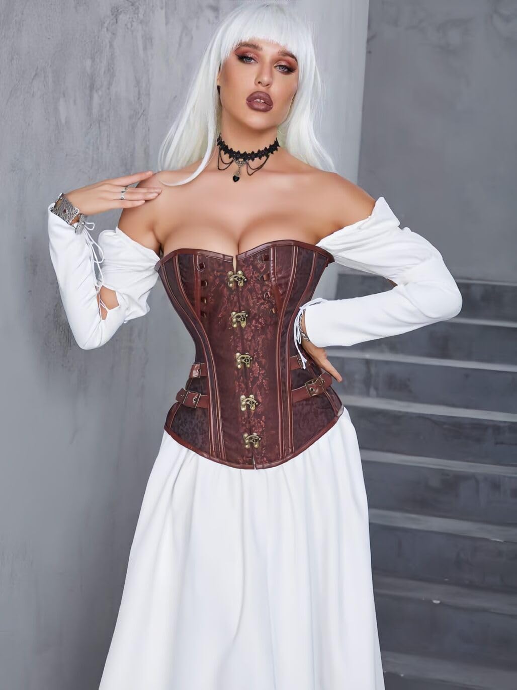 KUOSE Damen Vollbrust Faux Leder Steampunk Corsage Korsett Übergrössen S-6XL S Braun-1, S Braun-1