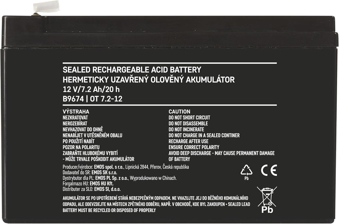 EMOS - Wartungsfreier Bleiakku - 12V 7,2Ah - AGM Batterie - Faston 6,3mm Anschluss - Für USV-Geräte,