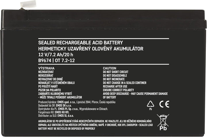 EMOS - Wartungsfreier Bleiakku - 12V 7,2Ah - AGM Batterie - Faston 6,3mm Anschluss - Für USV-Geräte,