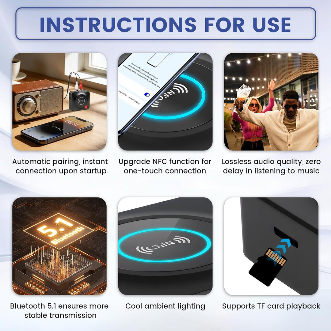 Bluetooth 5.1 Receiver mit AUX 3,5mm und RCA Adapter, Wireless Audio Empfänger für Stereoanlage und