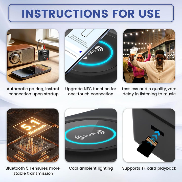 Bluetooth 5.1 Receiver mit AUX 3,5mm und RCA Adapter, Wireless Audio Empfänger für Stereoanlage und