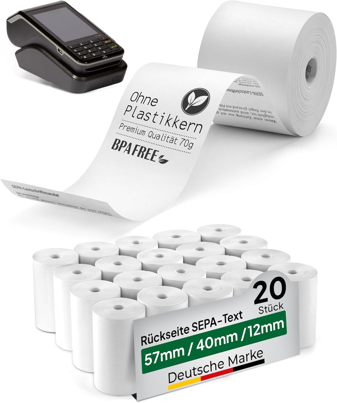 coreless - 20x EC-Thermorollen à 57mm x 40mm x 12mm - EC-Rolle mit Sepa Aufdruck - kernlose Kassenro