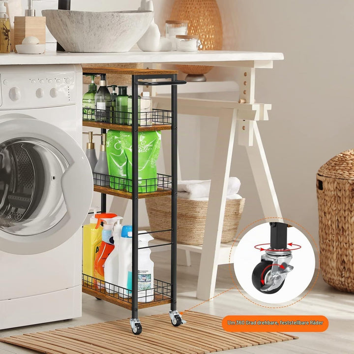 CADUKE 4 Tier schlanker Lagerwagen, schmaler Küchenwagen auf Rädern, Utility Rolling Cart mit Holzti