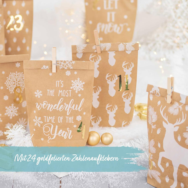 Papierdrachen Adventskalender 2025 zum Befüllen - 24 bedruckte Papiertüten mit Zahlenaufklebern & Kl