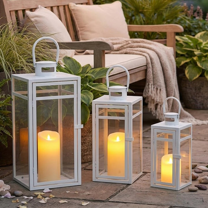 TRIROCKS Set aus 3 Edelstahl Kerzenlaterne 48cm Hoher Metallkerzenhalter mit klaren Glasscheiben Per