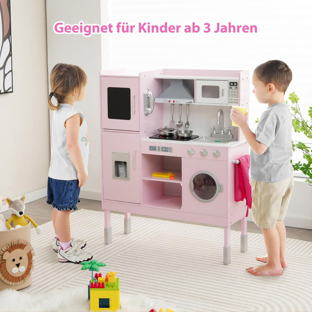 COSTWAY Kinderküche Holz, Spielküche mit Licht und Sound, Holzküche mit Tafel, Mikrowell, Spüle, Ofe