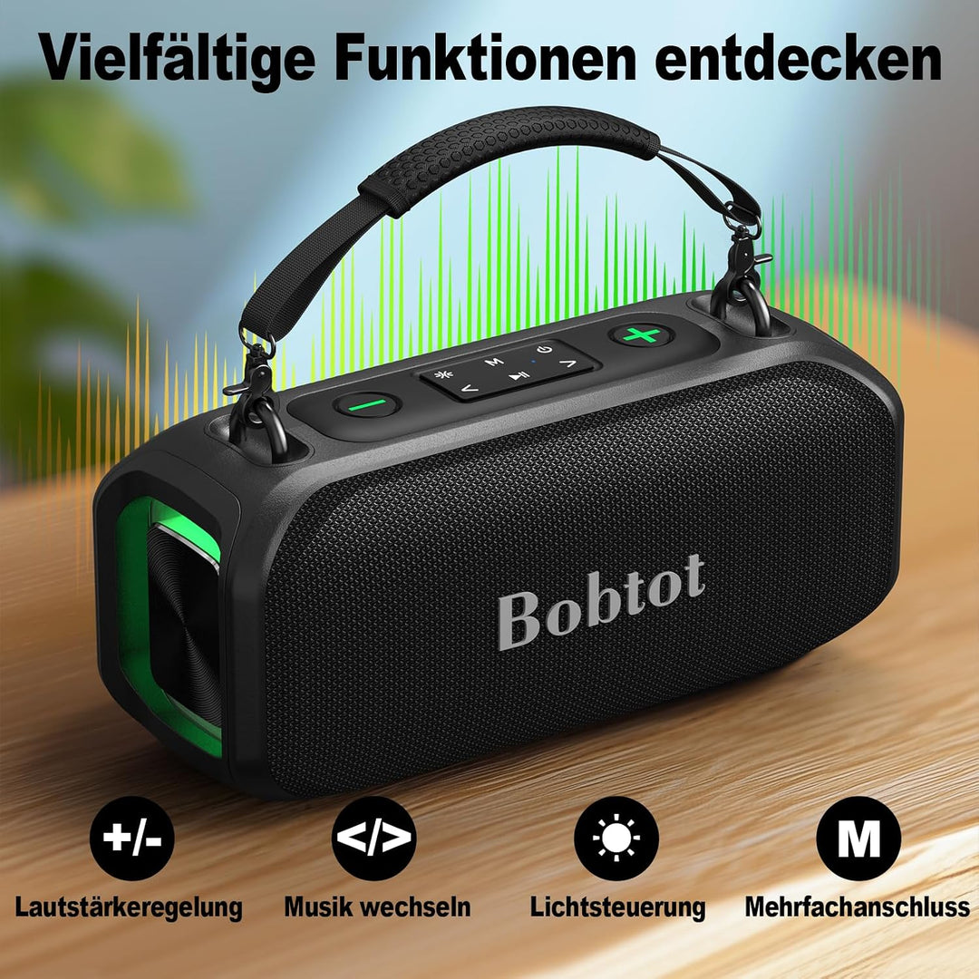Bobtot Tragbarer Lautsprecher mit 2 kabellosen Mikrofonen Outdoor-Lautsprecher IPX5 wasserdichter La