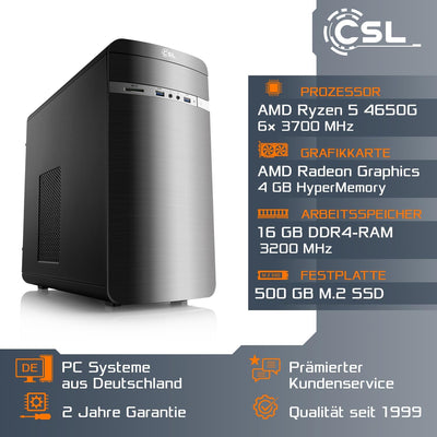 Basic Gaming PC mit Windows 11 Home | AMD Ryzen 5 PRO 4650G 6x3.7GHz | AMD Radeon | 500GB M.2 NVMe |