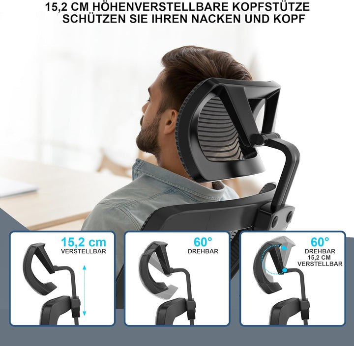 CYKOV Bürostuhl Ergonomisch, PC Stuhl mit Verstellbarer Kopfstütze & Klappbaren Armlehnen, Schreibti