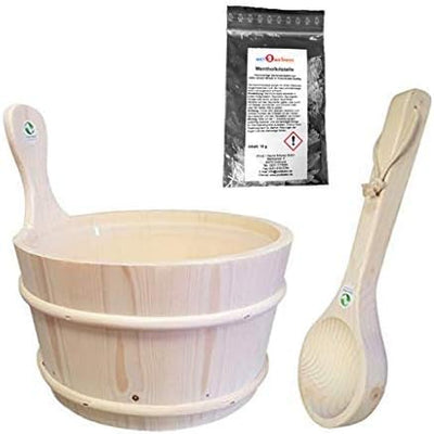 Sauna Aufgusskübel Saunakübel Kiefernholz 4,0 ltr. mit Einsatz + Schöpfkelle Plus 10g Mentholkristal