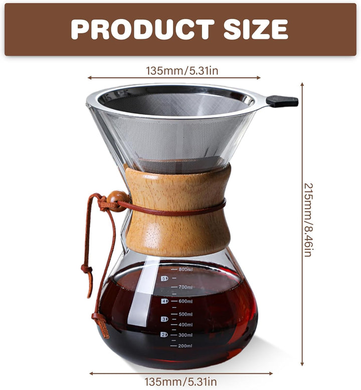 Pour Over Kaffeebereiter, 800 ml Permanentfilter Pour Over Kaffeebereiter, Borosilikat Glaskanne mit