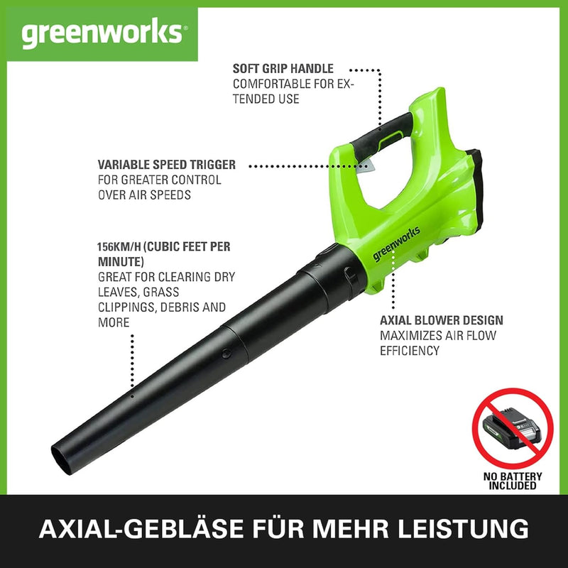 Greenworks G24AB Axial Akku Laubbläser, 156 km/h, 4,27 m³/min OHNE 24V Akku & Ladegerät, 3 Jahre Gar
