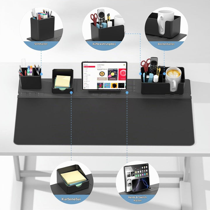 KDD Rutchfeste Schreibtischunterlage Schwarz mit Magnetisch Organizer Set, 5 in 1 Gaming Mauspad &amp; D