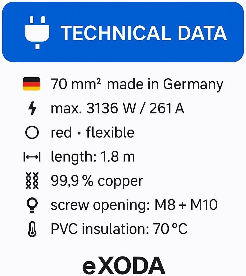 Exoda Batteriekabel 70 mm² 1,8m Kabelschuhe M8 und M10 Rot flexibles Kabel für Auto Boot Motorrad ma
