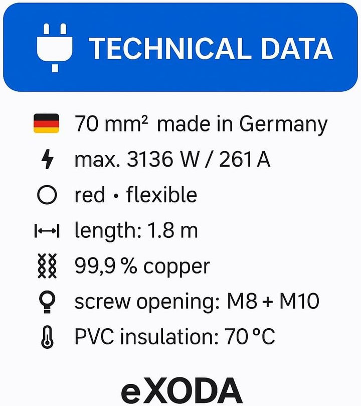 Exoda Batteriekabel 70 mm² 1,8m Kabelschuhe M8 und M10 Rot flexibles Kabel für Auto Boot Motorrad ma