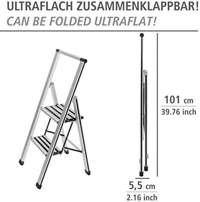 WENKO Leichte Aluminium Trittleiter mit 2 Stufen für 50 cm höheren Stand, rutschsichere XXL-Stufen,