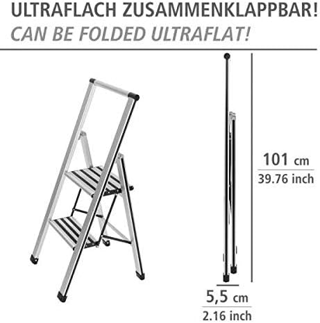 WENKO Leichte Aluminium Trittleiter mit 2 Stufen für 50 cm höheren Stand, rutschsichere XXL-Stufen,