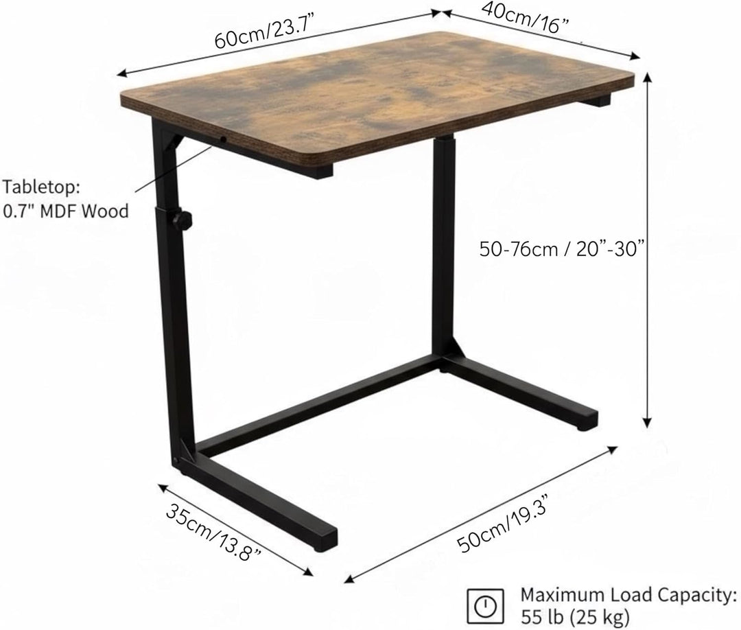 Höhenverstellbarer Sofa-Beistelltisch in C-Form, Laptop-Tisch für Sofa & Bett, Rustikales Braun, Rus
