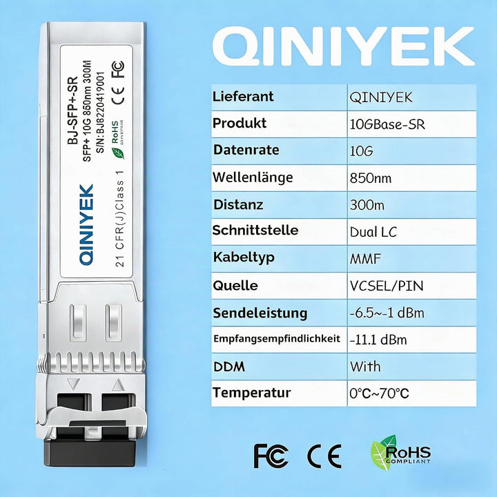 QINIYEK 10GBase-SR SFP+ Transceiver, 10G Multimode SFP+ LC-Modul, 850 nm MMF, bis zu 300 m, kompatib