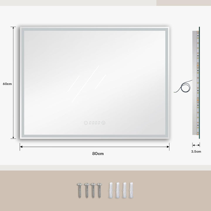 Dripex Badspiegel mit Beleuchtung Led Spiegel mit Uhr und Steckdose, Dimmbar, 3 Lichtfarbe Einstellb