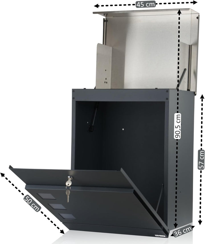 Zelsius Briefkasten Jordan mit Paketfach | pulverbeschichteter Stahl mit Edelstahl Elementen | RAL70