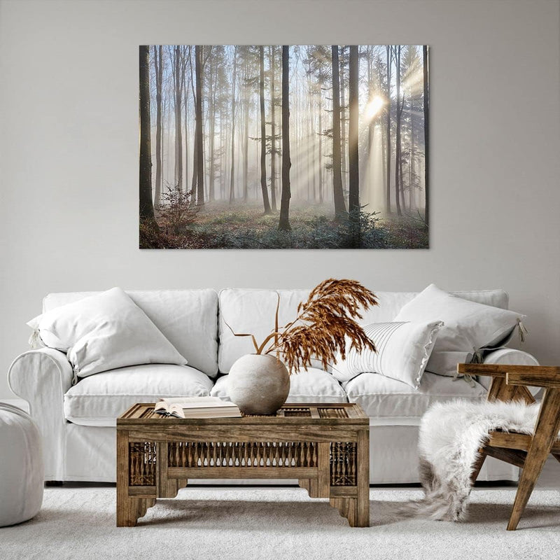 Bilder auf Leinwand 100x70cm Leinwandbild mit Rahmen Wald Baum Natur Gross Wanddeko Bild Schlafzimme