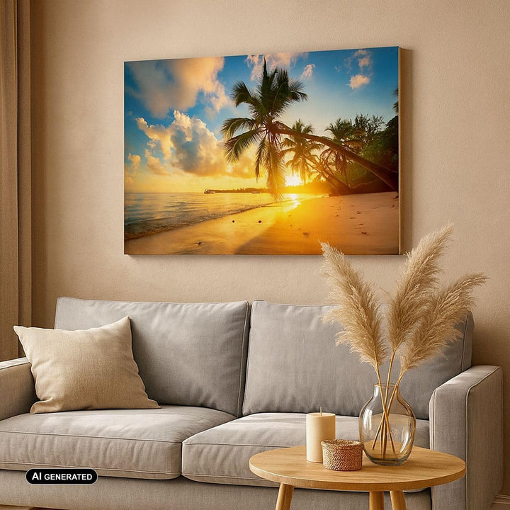 Bilder auf Leinwand 100x70cm Leinwandbild mit Rahmen Meer Strand Palme Gross Wanddeko Bild Schlafzim