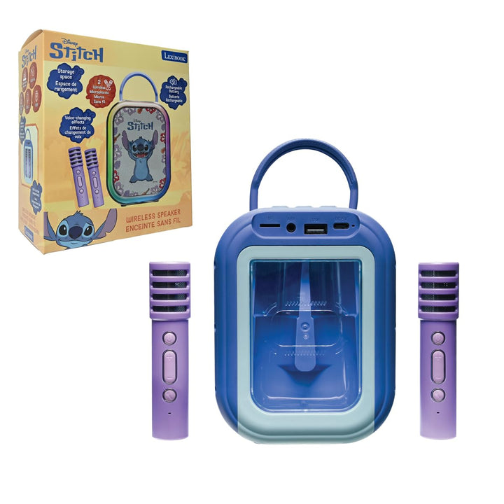 Lexibook, Stitch, Bluetooth-Karaoke-Maschine, blau, BTC030D | 2 kabellose Mikros, Akku, tragbares De