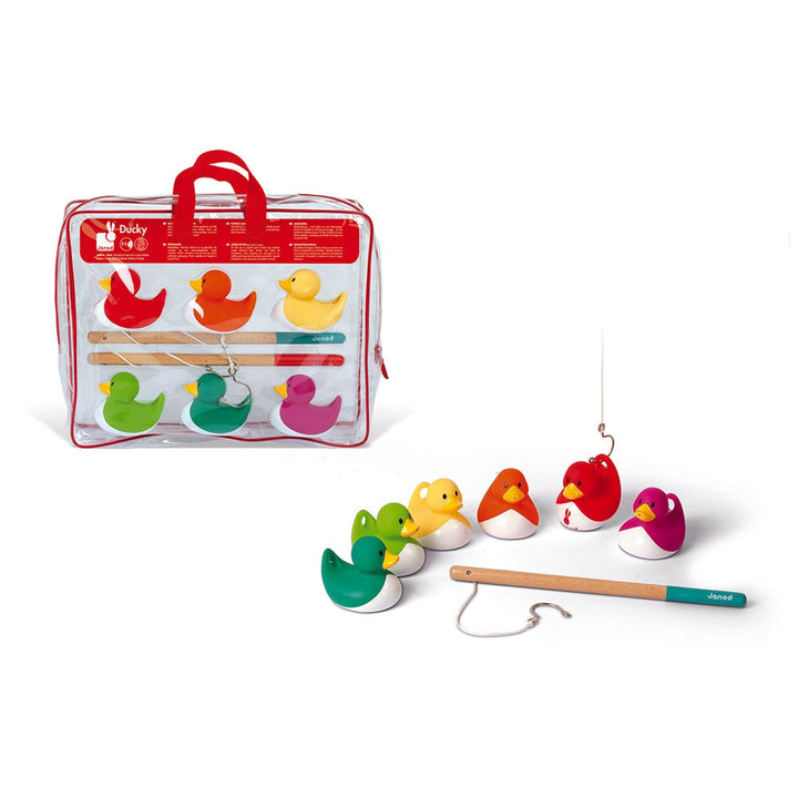 Janod - Angelspiel Enten - 6 Bunte Enten + 2 Angeln aus Holz - Badeenten - Gummienten Geschicklichke
