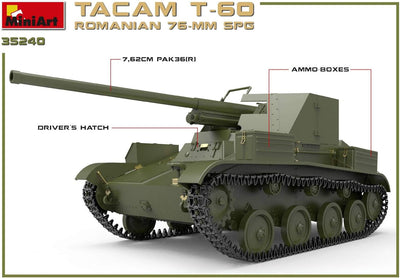 Mini Art 35240 1:35 Rom. 76-mm SPG Tacam T-60 Interieur-originalgetreue Nachbildung, Modellbau, Plas