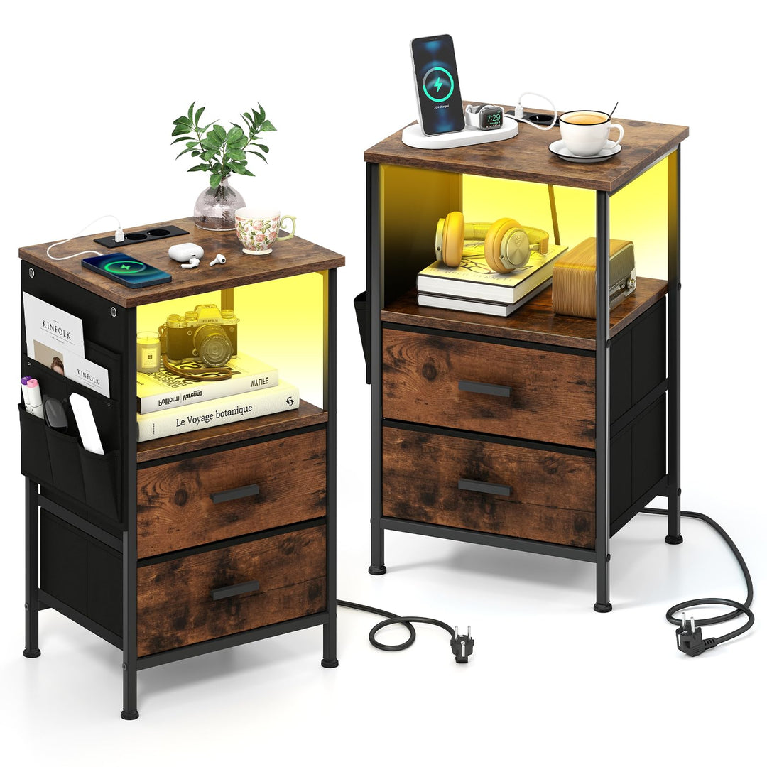 COSTWAY Nachttisch mit LED und Ladestation, 2er Set Beistelltisch mit 2 Schubladen & Seitentaschen,