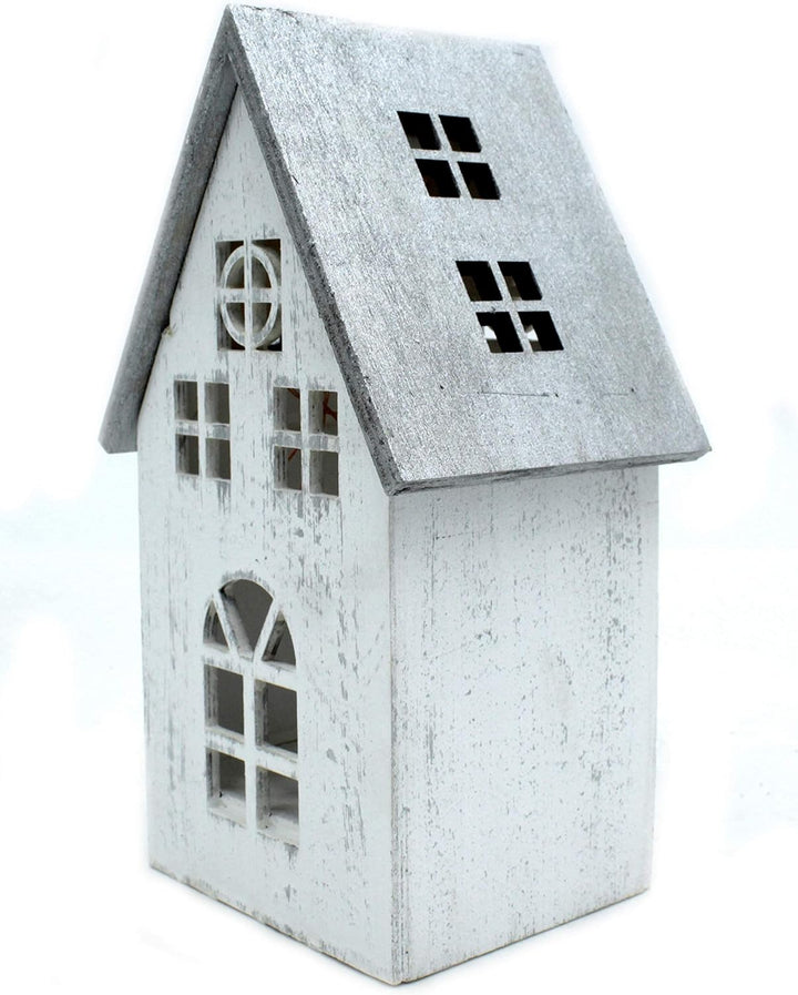 DARO DEKO Holz LED Haus weiss Silber 12 x 21cm, 12 x 21cm