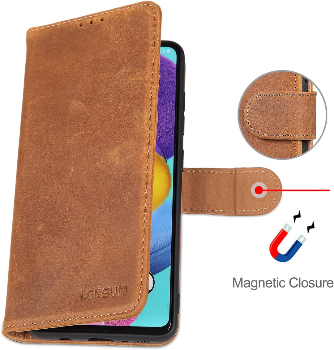 LENSUN Echtleder Hülle für Samsung Galaxy A51 4G, Handyhülle [Echtes Leder] [Magnetverschluss] [RFID