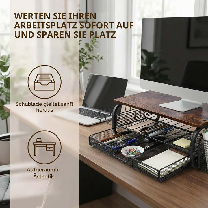 Monitorständer Holz, Monitorständer mit Schublade, Bildschirmerhöhung, Monitorständers mit 2 Ebenen,