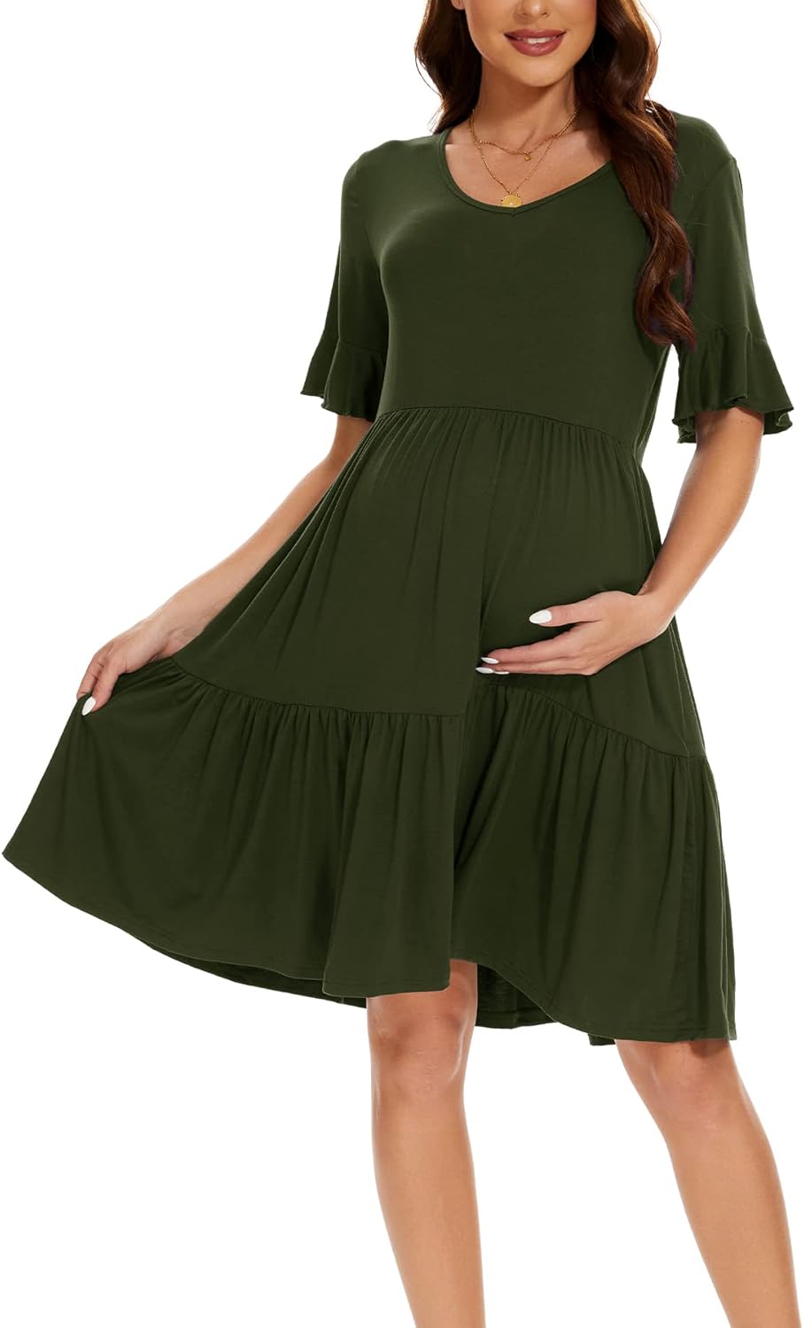 Smallshow Damen Umstandskleid Kurzarm Sommer Schwangerschafts Umstandsmode Kleid M Armeegrün, M Arme