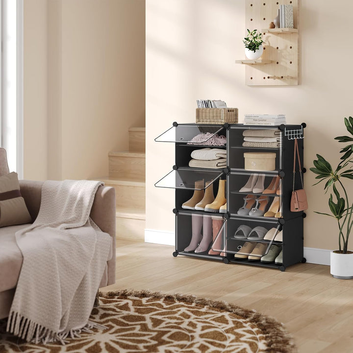 WOLTU Schuhregal, Schuhschrank mit 6 Fächern, Platzsparend, Mit Haken, Schuhablage Kunststoff, für F
