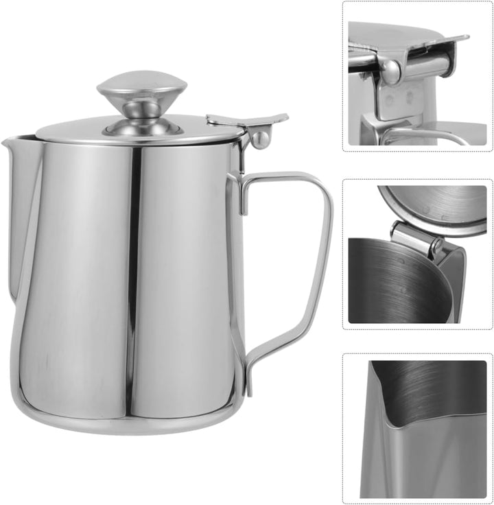 BESTonZON Milchkännchen Edelstahl Sahnekännchen mit Deckel 350 ML Aufschäumen Milch Kaffee Mokka Cap