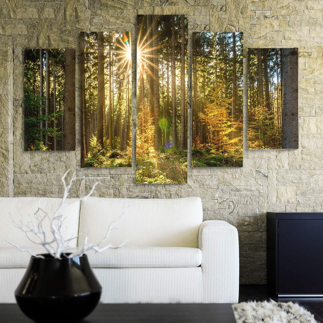 Feeby Bilder Modern Landschaft 5 Teilig Design Art Wald Sonnenstrahlen gelb 100x70 cm Deco panel 100