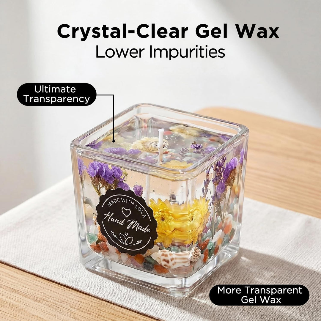 LumaCraft Klares Gelwachs zur Kerzenherstellung – 1000g Transparentes Jelly Wachs mit 50 Dochten, 50