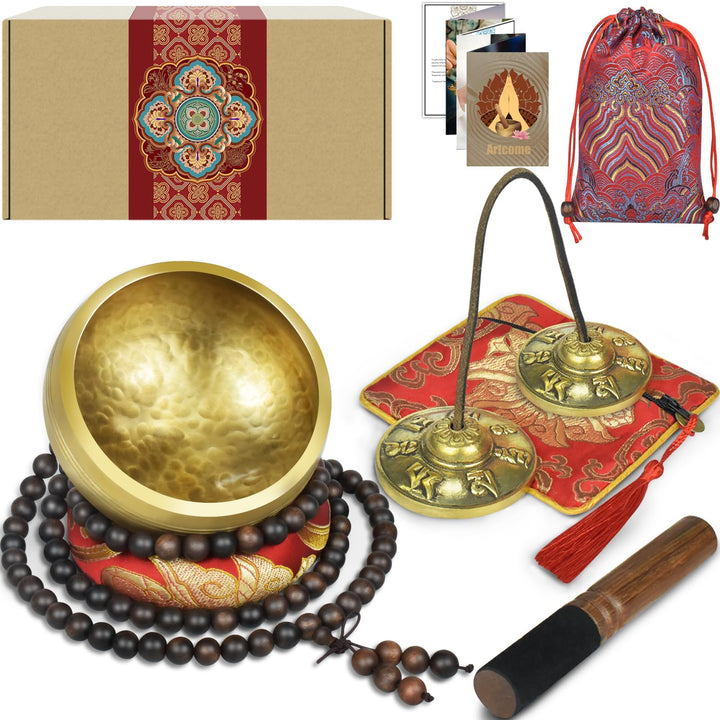 Artcome 7PCS Tibetan Meditation Set - Tibetan Singing Bowl & Tibetan Tingsha Cymbals Bells Handmade
