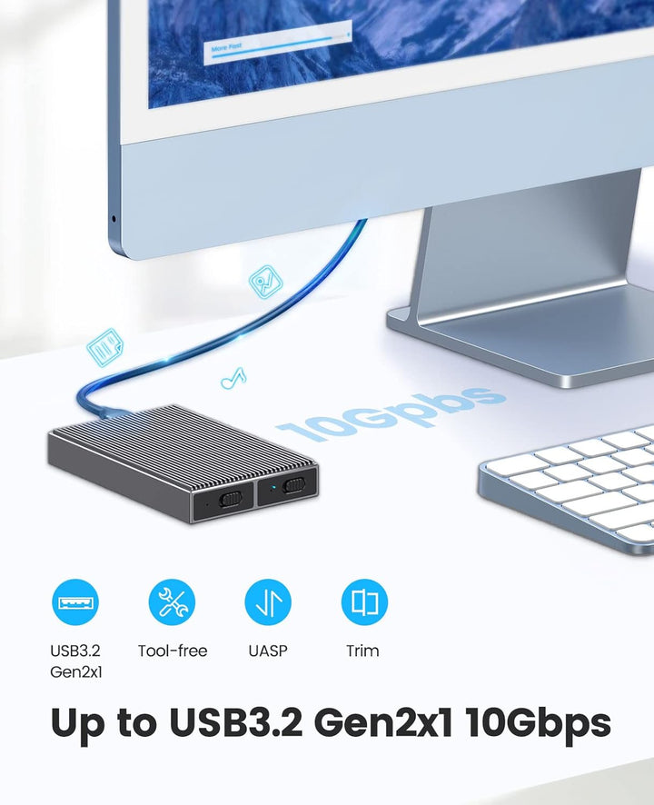 ORICO Dual-bay M.2 NVMe SSD Gehäuse, USB C auf M2 Adapter für M Key PCIe 2230/224/2260/2280 M.2 SSDs