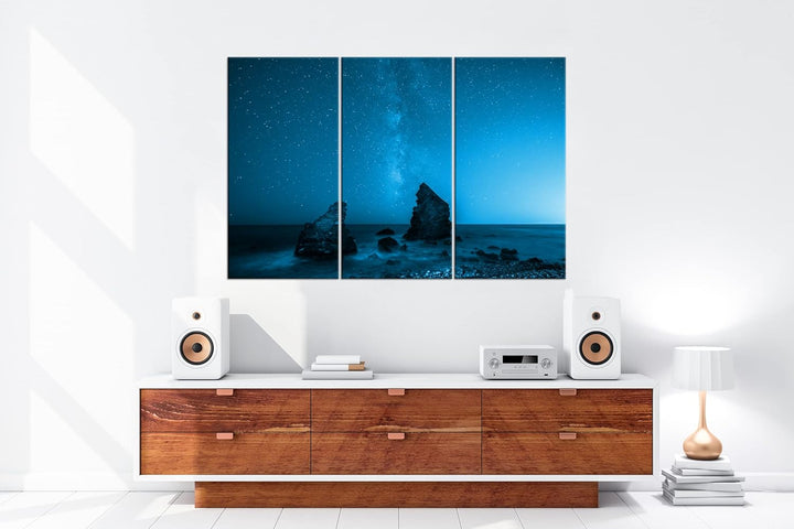atemberaubender Sternenhimmel am Meer Effekt: Zeichnung Format: 3-teilig 120x80, Motiv fertig gerahm