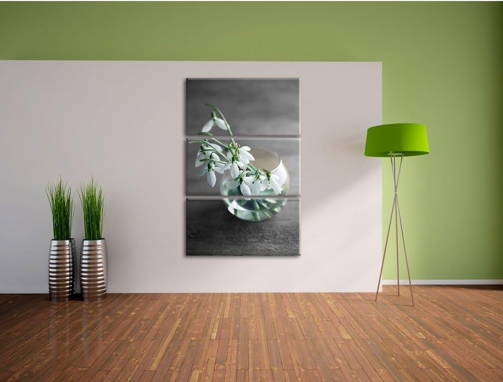Pixxprint Schneeglöckchen in der Vase als Leinwandbild/Grösse: 3 Teilig (120x80) cm/Wandbild/Kunstdr