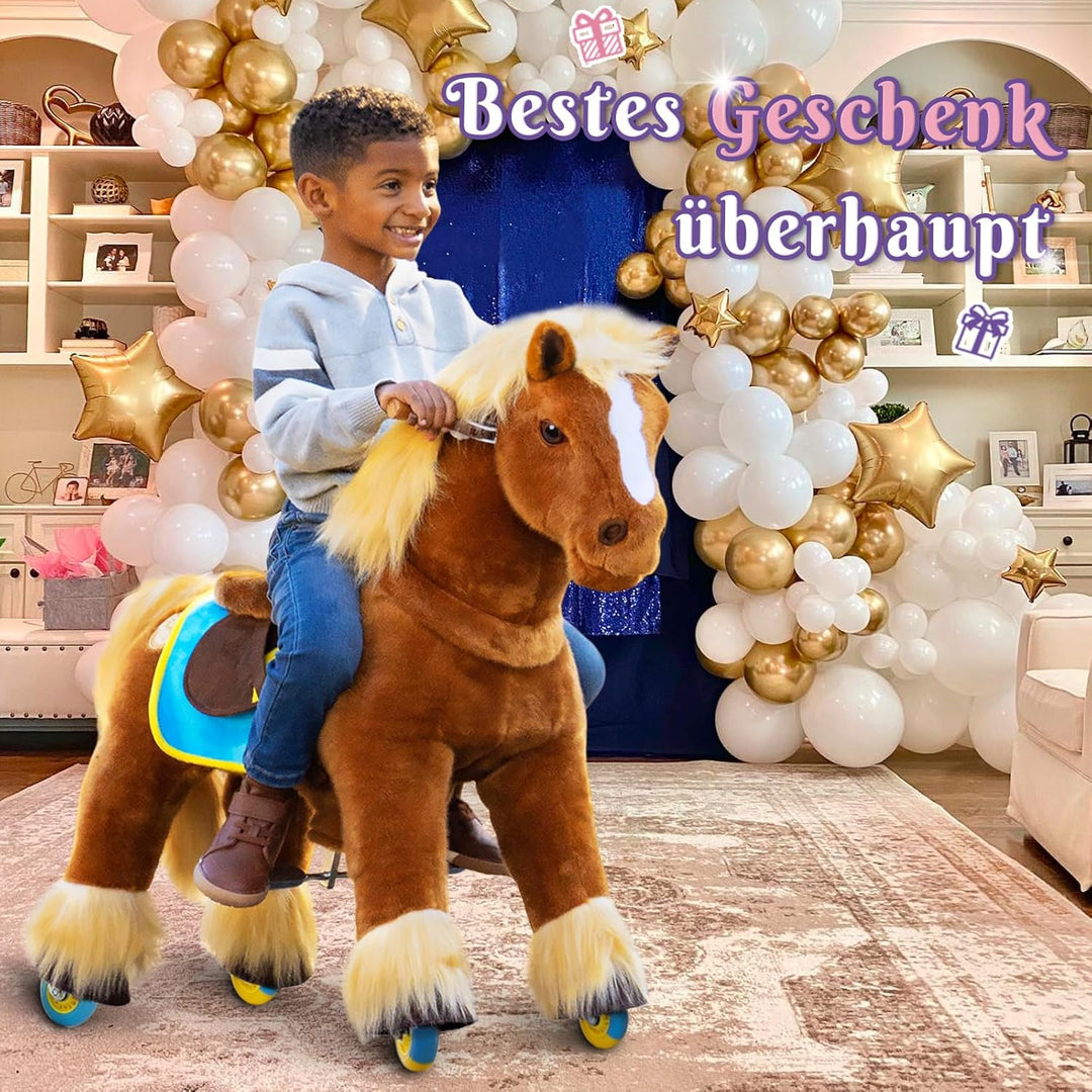 PonyCycle Reitpferd auf Rollen, für Kinder 3–4 Jahre, 76cm Hoch, Schaukelpferd Gross mit Handbremse,
