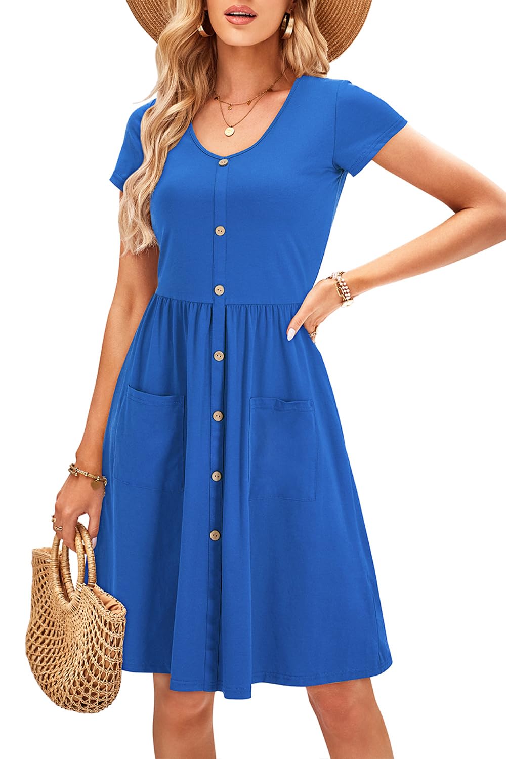OUGES Sommerkleid Damen Casual Kleid V-Ausschnitt Midi Kleider Knopfleiste Frühlings Freizeitkleid m