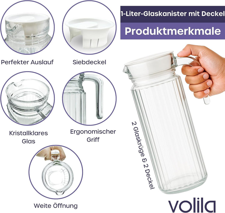 Kühlschrankkrug 1L Glas Wasserkrug mit Deckel (2er Pack) – Glaskrug Geriffeltem Glasdesign & Griff f