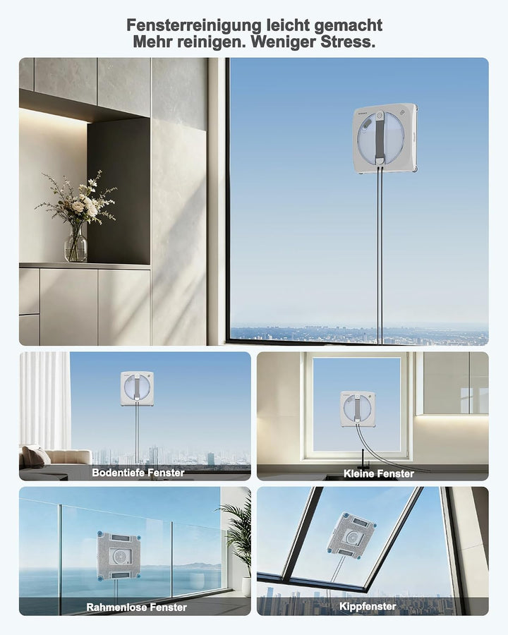 WISEBOT Fensterputzroboter KI-Navigation, 3-Fach Spray, Eckenreinigung(Weiss), Weiss