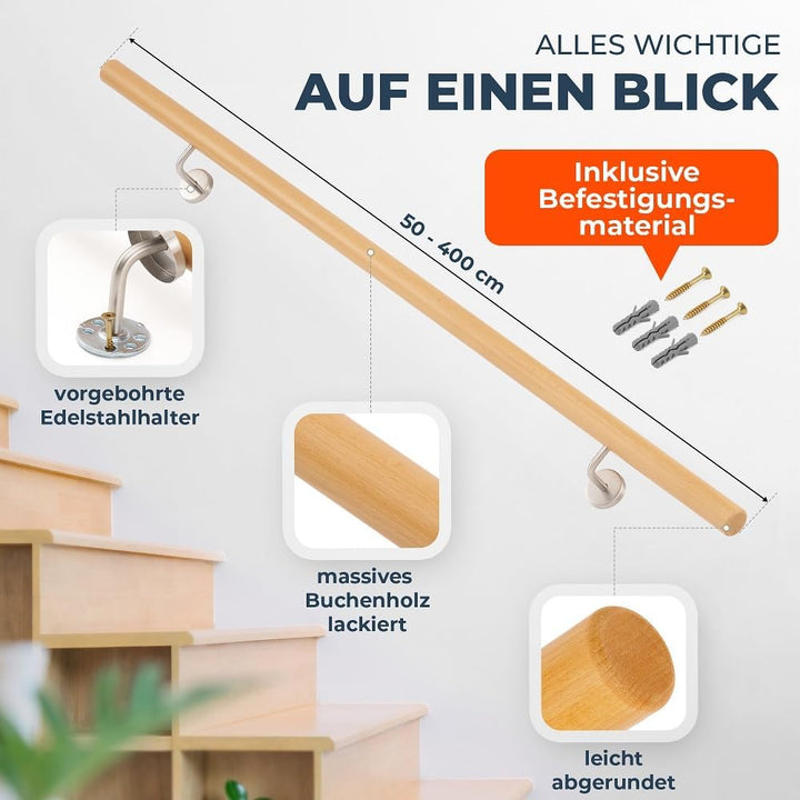 Handlauf Set Holz Buche 45mm rund inkl. 3 Edelstahlhalter zum Einschrauben (250 cm) 250 cm + 3 Halte