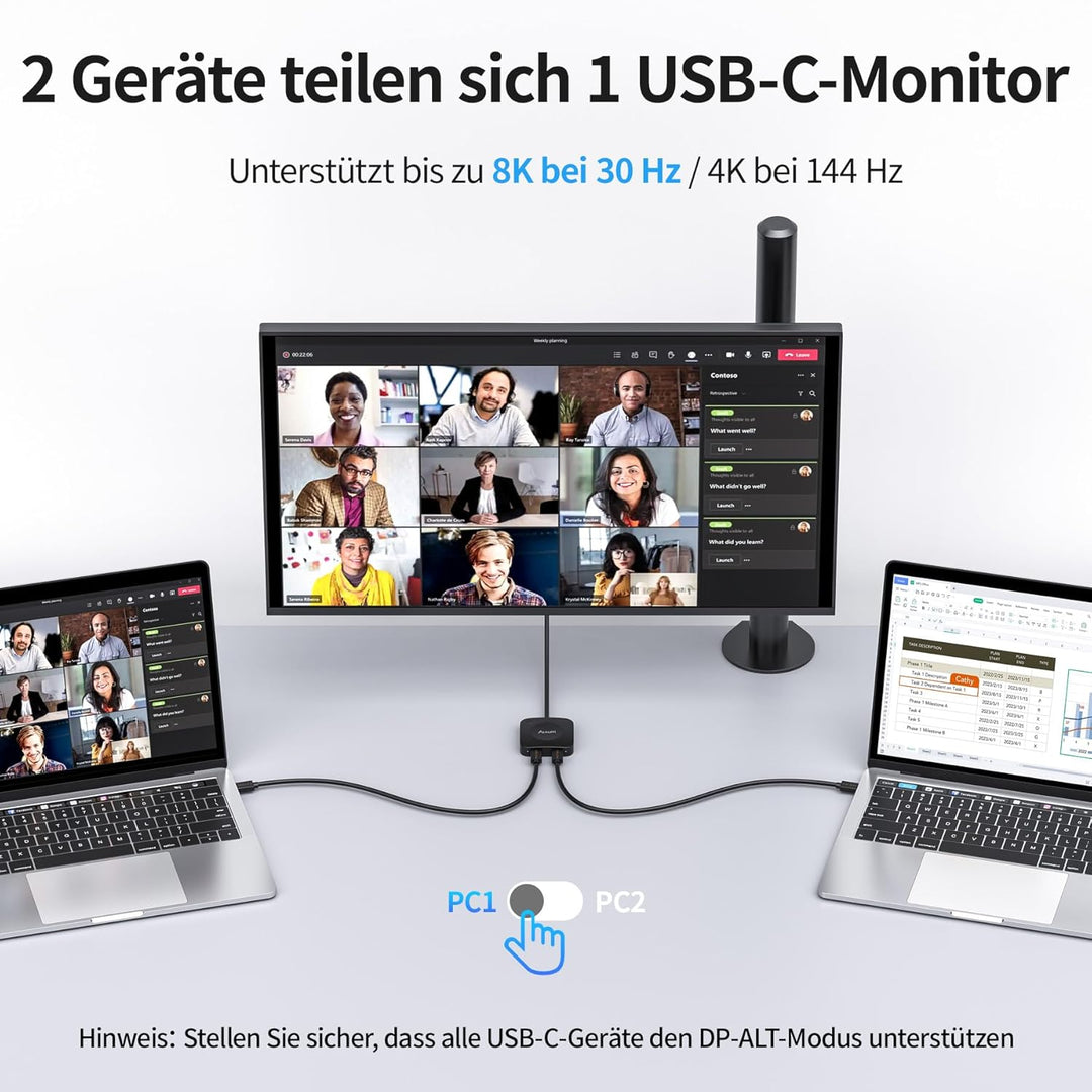 Alxum 20Gbps USB-C Switch für 2 Computer, 2 in 1 Out, 8K@30Hz / 4K@144Hz Video, 140W PD Ladefunktion