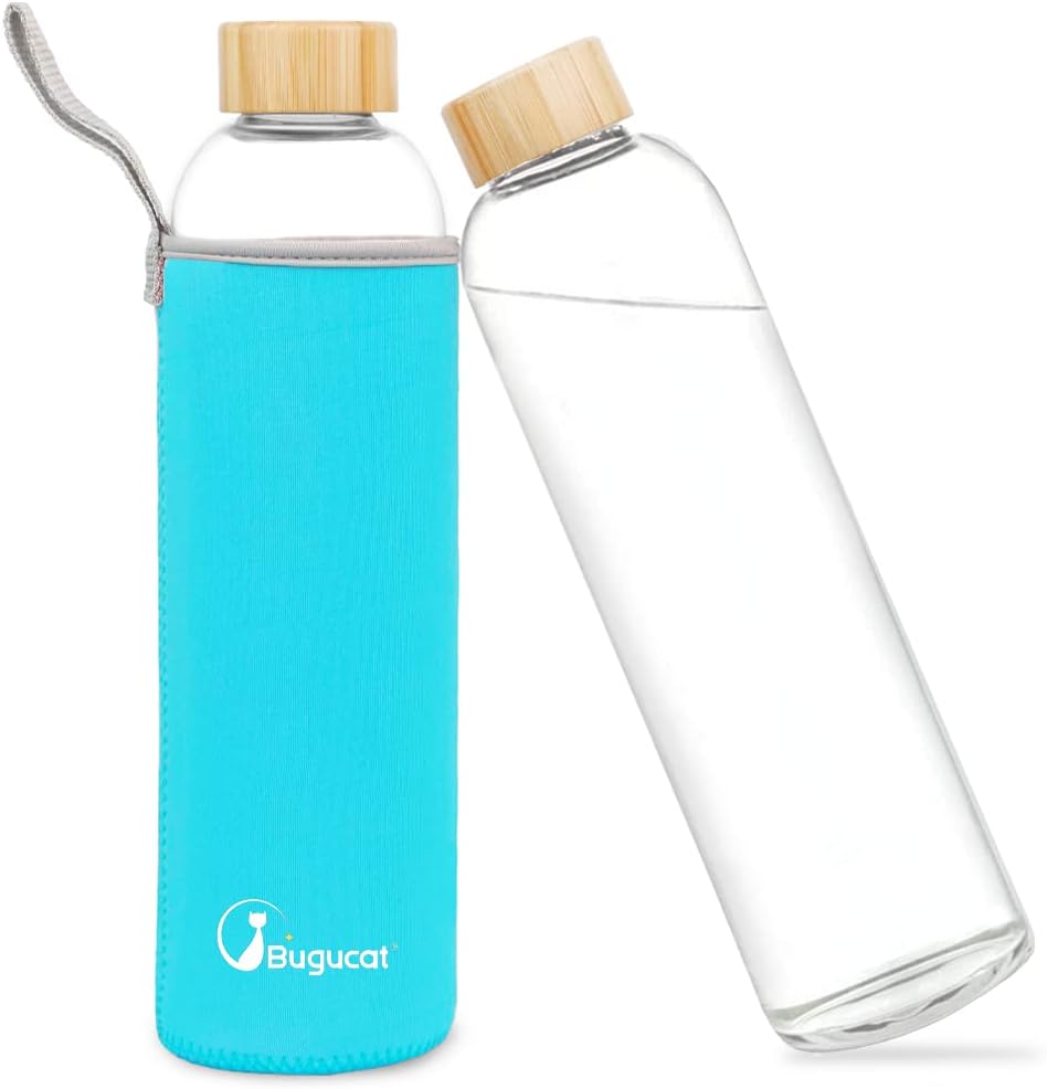 Bugucat Glasflasche 1000 ML, Trinkflasche aus Glas mit Bambusdeckel und Schutzhülle，Wasserflasche Au